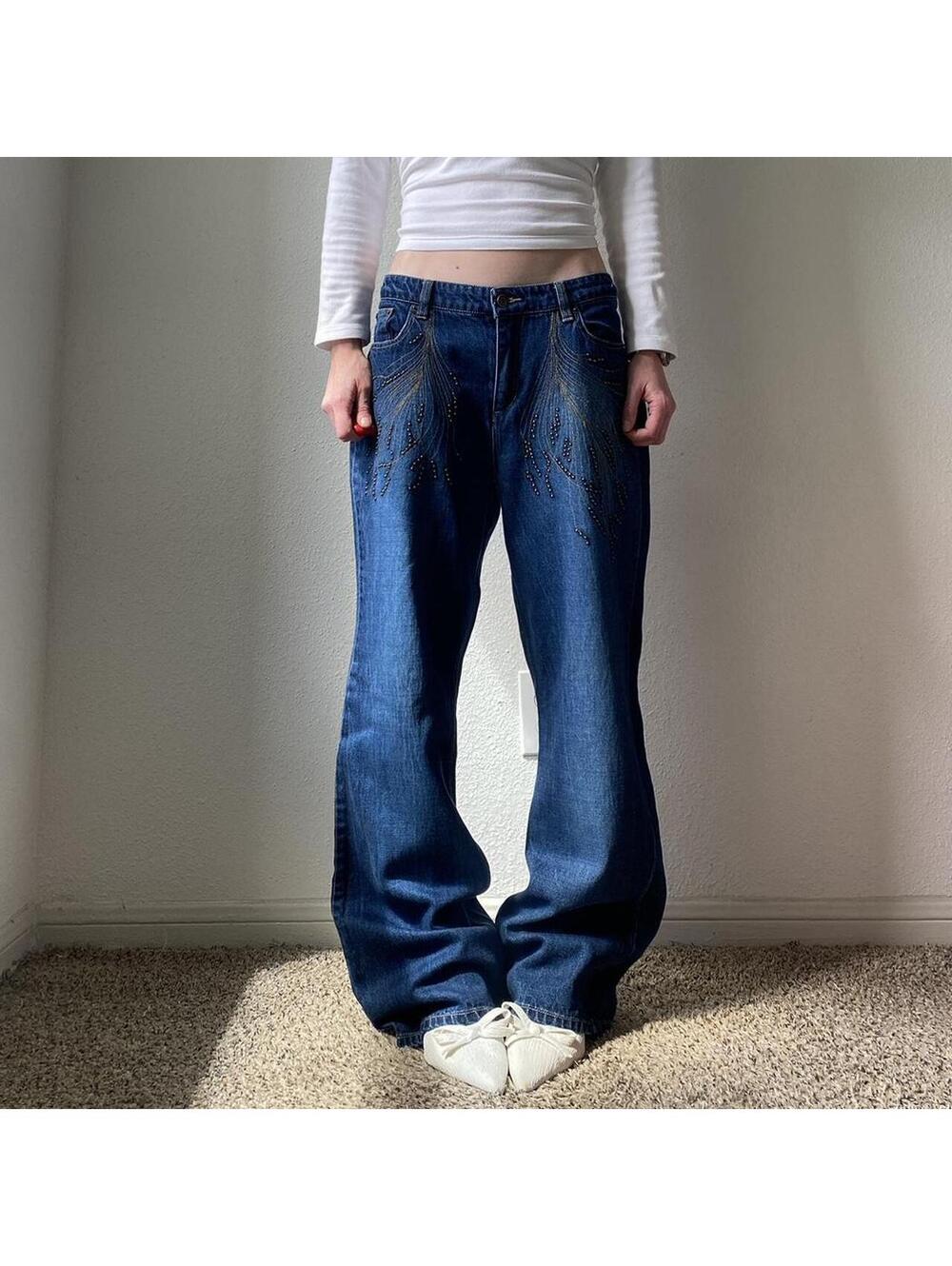 Vintage rare y2k low rise bootcut flare long baggy dark wash denim blue jeans